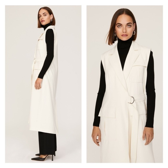 MARINA MASCONE vest long wrap cream white size small D-ring belt trench pockets - Picture 3 of 16